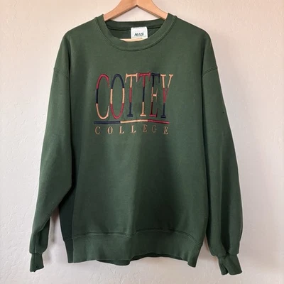 Cottey College Sweatshirt Green Red Blue Tan Letters Vintage Size L USA FLAWS - Image 1 of 4