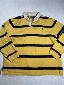 Ralph Lauren Polo Shirt Mens XXL 2XL Yellow Blue Striped Rugby Vented Sports - Picture 1 of 11