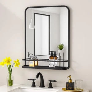 VASUHOME Espejo de Baño Negro con Estante - Espejo de Tocador de Baño con Metal Fr - Imagen 1 de 8
