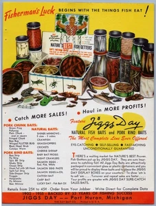 1955 Jiggs Day Schweineschwarte & Naturköder Angelköder Druck Anzeige Katalog Preise - Bild 1 von 4