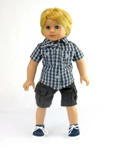 Vestiti bambola ragazzo 18" pantaloncini camicia grigia a quadri nero grigio bianco vestibilità AG & Boy Dolls - Foto 1 di 5