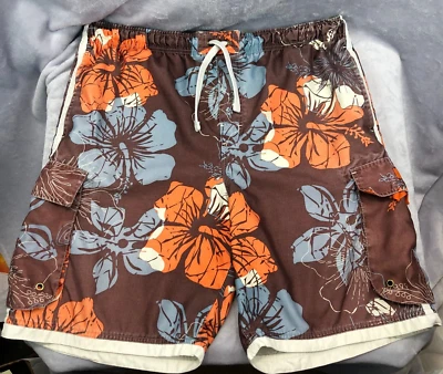 Joe Boxer Mens L Brown Orange Tropical Hawaiian Hibiscus Swim Skate Board Shorts - Image 1 of 4