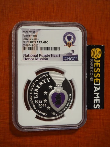 2022 W PROOF SILVER COLORIZED PURPLE HEART DOLLAR NGC PF70 EARLY RELEASES Cover