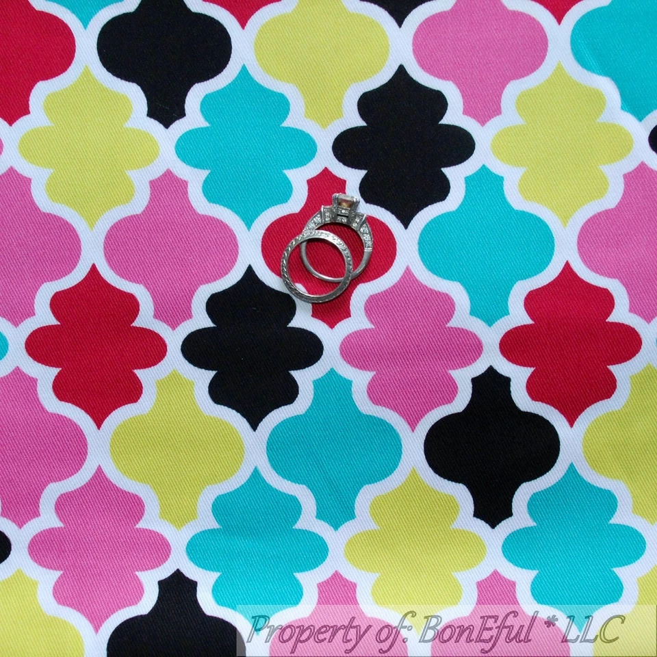 BonEful FABRIC Cotton Woven Decor Pink Girl Blue Black White Damask LAST 1 SCRAP - Image 1 of 4