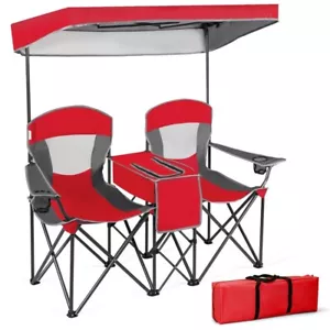 Portable Folding Camping Canopy Chairs Double Sunshade Beach Chair w/ Cup Holder - Picture 1 of 13