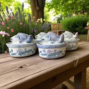 Juego de 4 cuencos de pescado koi con tapa ovalada azul blanco chino de porcelana - Imagen 1 de 17