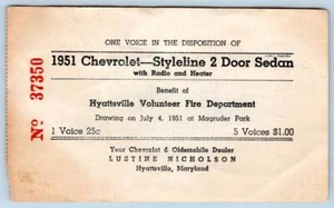 Billete Chevrolet Raffle 1951 Hyattsville Voluntario Departamento de Bomberos MD LUSTINE - Imagen 1 de 2