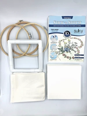 Mixed Lot of Embroidery Supplies Hoops Frame Tea Towel Tear Away Machine Fabric - Image 1 of 4