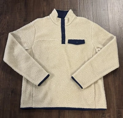 Port Authority Camp 抓绒 Snap 套衫毛衣夏尔巴夹克燕麦/海军蓝 XL 码 — 第 1/4 张图片