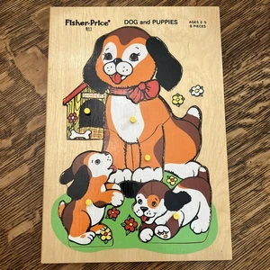 VINTAGE FISHER PRICE DOG AND PUPPIES PICK UP PEG & PEEK WOOD 8 PC PUZZLE #511 - Picture 1 of 4