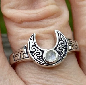 Anillo Cuernos de Isis Luna Plata de Ley .925 con Piedra Lunar Genuina Talla 8 Luna - Imagen 1 de 11