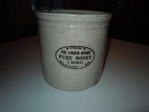 Vintage Linden Apiary Pure Honey A. Diehnelt Stoneware Crock 7 1/2" X 8" Diam. - Picture 1 of 13