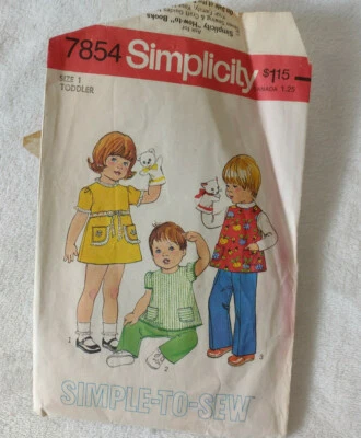 Vintage 1977 Simplicity Pattern 7854 Toddler Size 1 Dress Top Pants - Image 1 of 3