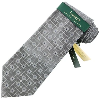 New Lauren Ralph Lauren Gray Geometric Squares Grid Silk Neck Tie Hand Finished - Image 1 of 4