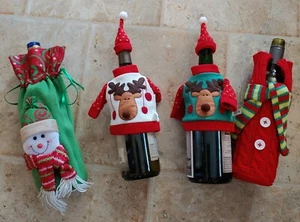 Lot of 4 NEW Christmas Wine Bottle Sleeve Covers Bag Snowman Reindeer Sweater - Picture 1 of 6