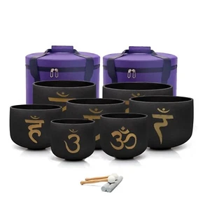 432Hz 6-12"Double Black Chakra Design Frosted Quartz Crystal Singing Bowl Set - Picture 1 of 11