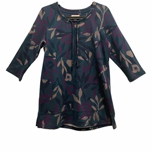 D&co. Denim & Company Active Blue Leaf 3/4 Sleeve Front Tie Oversize Tunic XS - Picture 1 of 12