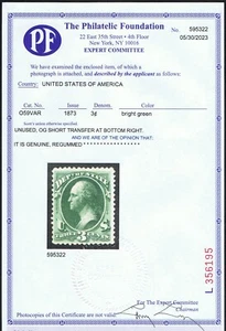 NICELY CENTERED GENUINE SCOTT #O59 MINT RG 1873 3¢ STATE DEPT OFFICIAL PF CERT - Picture 1 of 3