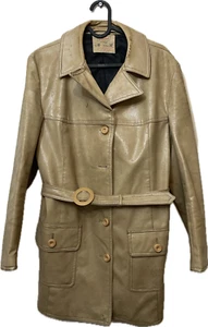 St Michael vinyl coat jacket vintage tan brown belt 1960s faux leather size 14 - Picture 1 of 14