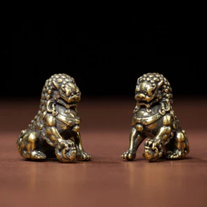 1 paio statua cinese antica bronzo ottone fengshui potente leone - Foto 1 di 3