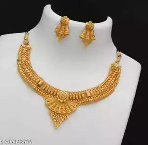 22K Gold Plated Jhumka Earrings Indian Bollywood Choker Necklace Bridal Jewelry - Picture 1 of 9