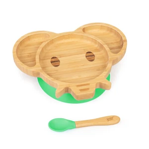 Kindergeschirr Set Bambusteller Löffel 250 ml Baby Besteck 18x18 cm Grün Elefant - Afbeelding 1 van 9