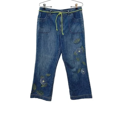 Jeans jeans vintage Y2K Sigrid Olsen tamanho 10 bordado floral leve cropped - Imagem 1 de 4