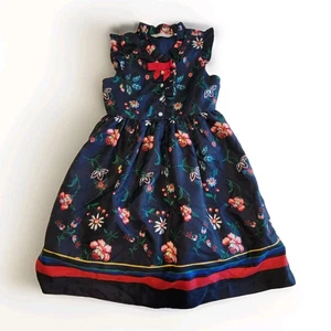 Abito bambina Janie and Jack taglia 5 blu navy floreale rosso fiocco bottoni perle - Foto 1 di 10