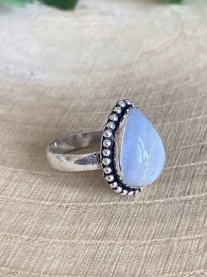 Blue Lace Agate Ring Size O Sterling Silver 925 Plated Pear Vintage Style Boho - Image 1 of 4