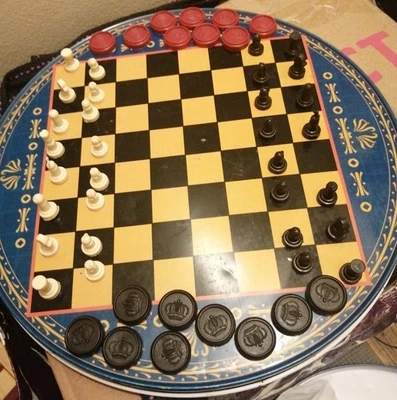 Blue Tin Chinese Checkers Chess Set missing 3 glass balls one yellow one blue - Image 1 of 4