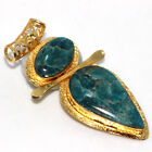 Blue Apatite Golden Plated Gemstone Handmade Pendant 2.5" Unique Jewelry Gw