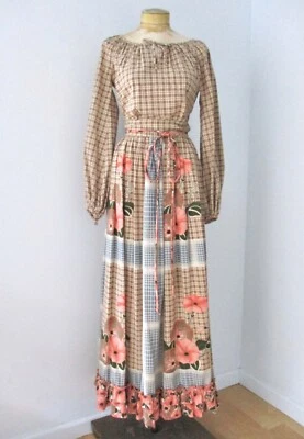 Vtg 70s Chessa Davis floral check hippy festival 2-pc skirt peasant top suit S - Image 1 of 4