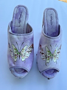 Ed Hardy Darnell Women's Purple Butterfly Wood Clogs Buckle Sz 7 worn once - Picture 1 of 6