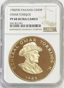 1982 GOLD PANAMA 398 MINTED 500 BALBOAS DEATH GENERAL TORRIJOS NGC PROOF 68 UC - Picture 1 of 2