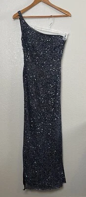 Vestido De Colección Scala Cuentas Seda Negro Azul Un Hombro Enrejado Aberturas Traseras Talla M Foto 1 de 4