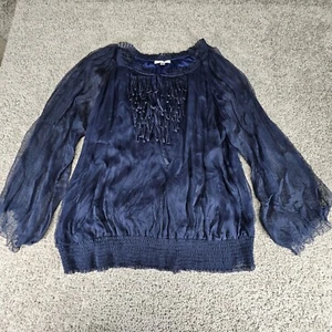 Blue Velvet Top Womens 3X Silk Balloon Sleeve Blouse Gauzey Fringe Navy Peasant - Picture 1 of 13