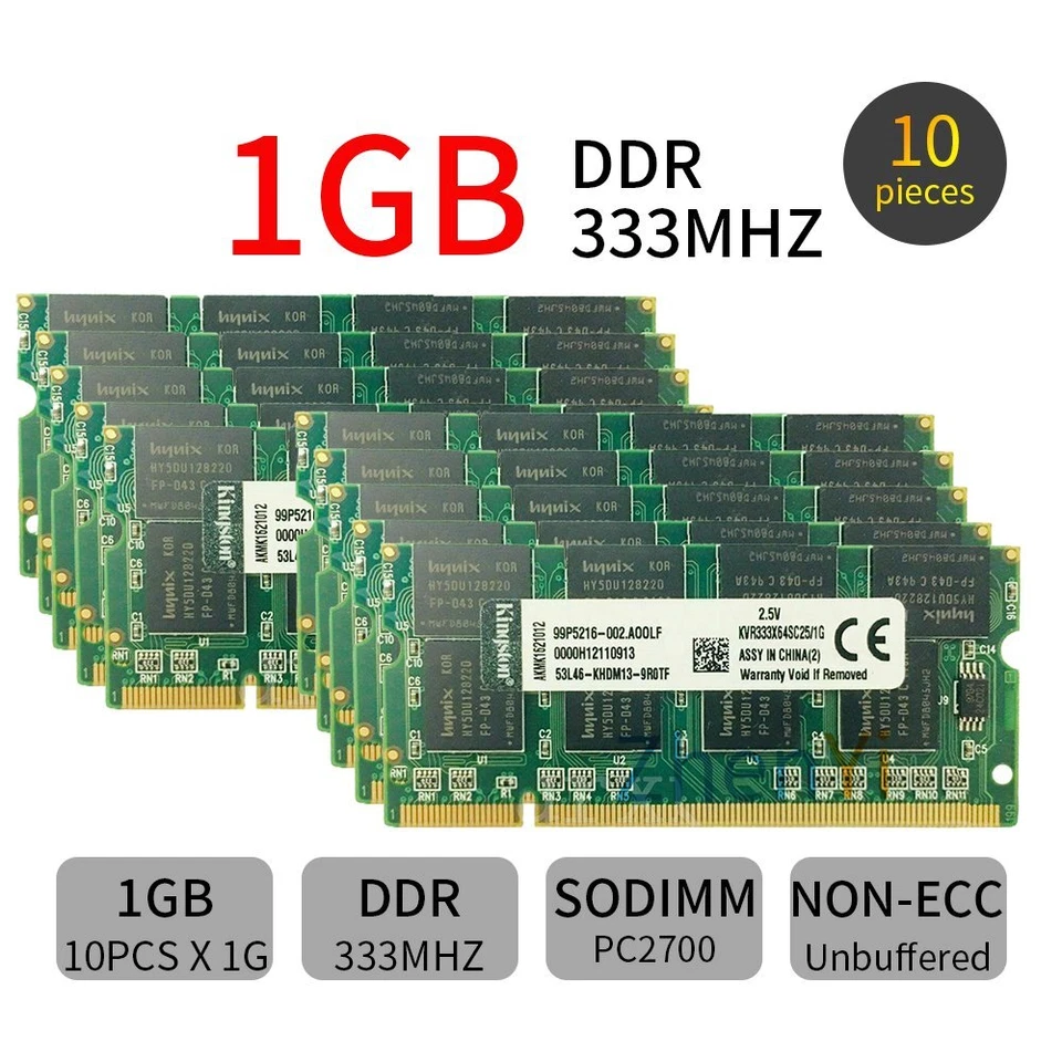 10GB 10x 1GB PC-2700 333Mhz DDR1 200Pin SODIMM Laptop Memory RAM For Kingston - Image 1 of 4