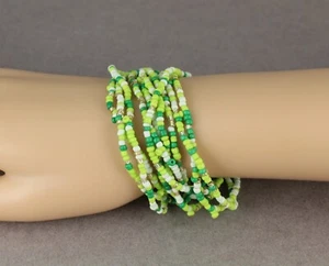 10 Green White Gold seed bead bracelet stretch set beaded stack - Picture 1 of 6