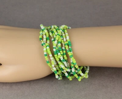 10 Green White Gold seed bead bracelet stretch set beaded stack - Image 1 of 4