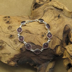 Sterling Silver Diamond Shape Carved Amethyst Link Bracelet - Picture 1 of 6
