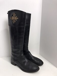 TORY BURCH WOMEN'S 8 BLACK LEATHER RIDING BOOTS With Gold Buckle Side Zipper