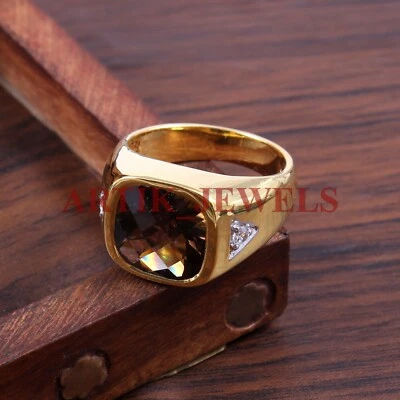 Piedras preciosas de cuarzo ahumado natural con anillo de plata enchapado en oro de 14K para hombre #2687 Foto 1 de 4