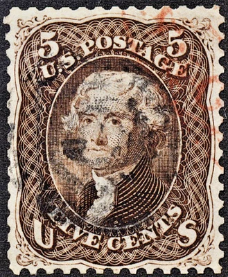 U.S. Classic #76 VF 5 cent Brown with Red cancel '23 CV $170.00 - Image 1 of 2