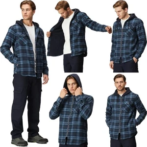 Mens Fleece Lined Hooded Check Shirt Jacket Zip Up Flannel Overshirt For Winter - Picture 1 of 10