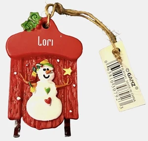 LORI Personalized Snowman + Red Sled ORNAMENT 2”x 1.25” GANZ NWT - Picture 1 of 3