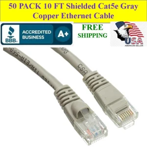 50 PACK 10Ft Cat5e Gray Shielded Ethernet Patch Cable RJ45 Gold Connectors AWG - Picture 1 of 4