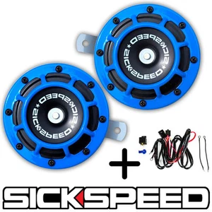 SICKSPEED 2PC BLUE SUPER LOUD GRILLE MOUNT COMPACT BLAST TONE HORN W/ HARNESS P4 - Picture 1 of 1