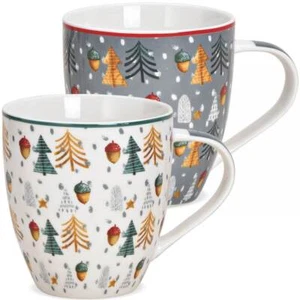 Jumbo Tassen Weihnachtstassen Bäume & Eicheln weiß & grau Porzellan 2er Set 10cm - Bild 1 von 1
