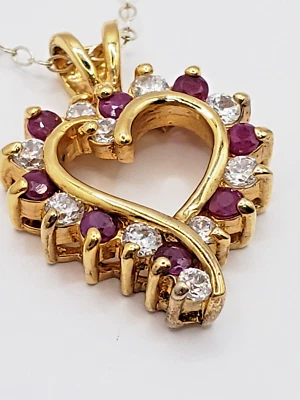Sterling Silver Gold Plated Deep Red Ruby & CZ Heart Pendant Necklace - Image 1 of 4