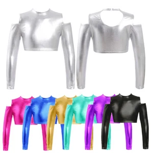 Kids Girls Tee Competition Sweatshirt Metallic Dancewear Jazz Shirt Dance Tops - Picture 1 of 56